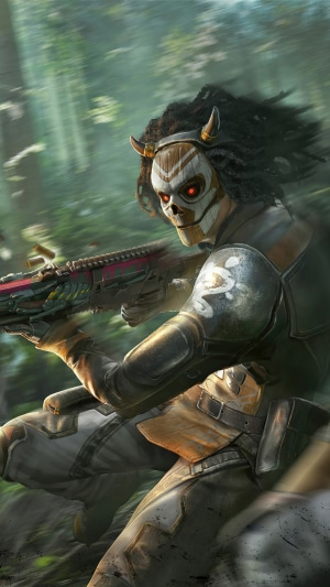 Player in PUBG Mobile with Skull Mask and Rifle