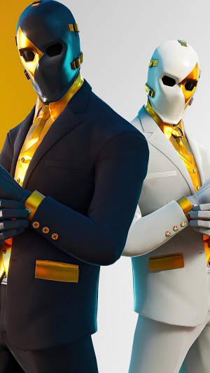 Two Fortnite characters in suits with gold accents