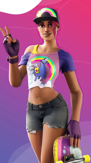 Fortnite character with unicorn shirt and skateboard
