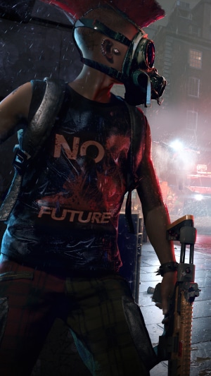 Character from Watch Dogs Legion with gas mask and rifle