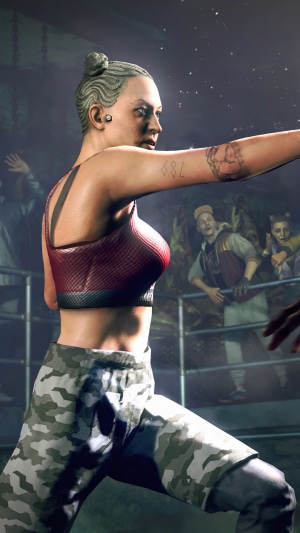 Woman in sports bra and camouflage pants in Watch Dogs Legion