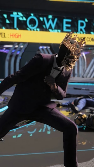 Man in suit with skull mask and crown in Watch Dogs Legion