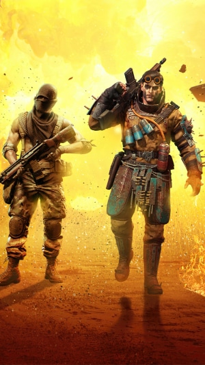 Two soldiers from Call of Duty Mobile in a desert explosion