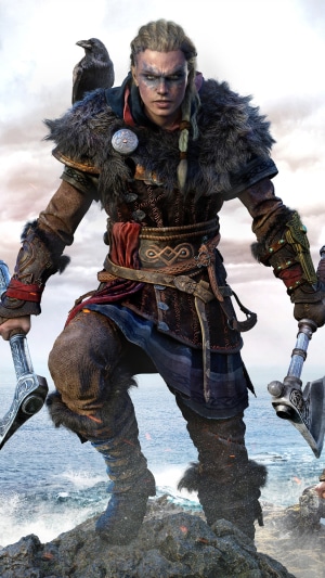 Eivor from Assassins Creed Valhalla with axes and raven