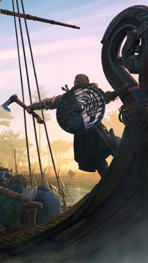 Eivor from Assassins Creed Valhalla on a Longship