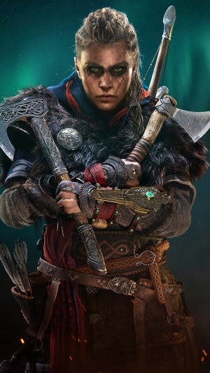 Eivor from Assassins Creed Valhalla holding axes