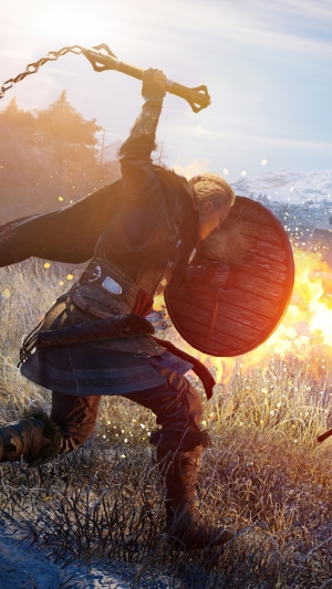 Eivor from Assassins Creed Valhalla wielding a flail and shield
