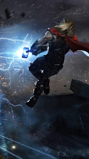 Thor from Marvel's Avengers using his hammer with lightning