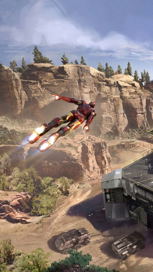Iron Man flying in a desert landscape