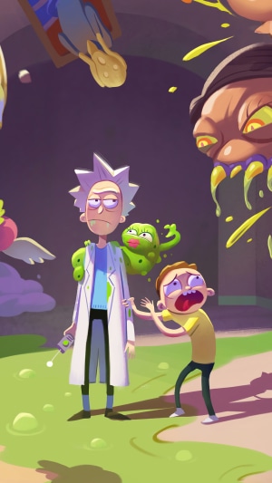 Rick and Morty with a green creature and alien