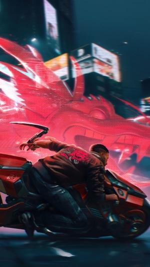 V from Cyberpunk 2077 on a motorcycle with a dragon