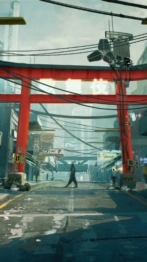 Cyberpunk 2077 street scene with red torii gate