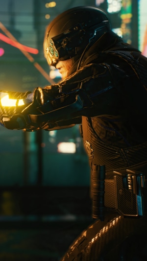 Cyberpunk 2077 character holding a glowing object