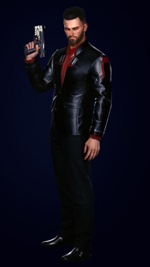 V from Cyberpunk 2077 holding a pistol