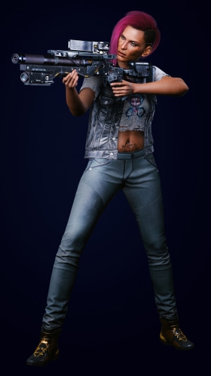 V from Cyberpunk 2077 holding a rifle