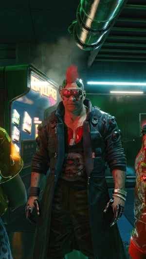 Man with mohawk and cybernetic eyes in Cyberpunk 2077