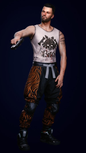 V from Cyberpunk 2077 holding a pistol