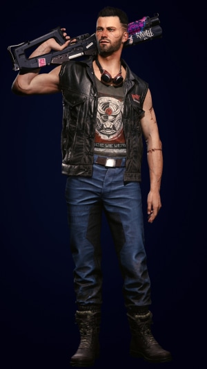 V from Cyberpunk 2077 holding a gun
