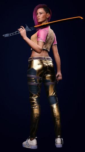 V from Cyberpunk 2077 holding a katana