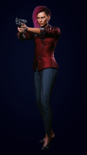 V from Cyberpunk 2077 holding a pistol