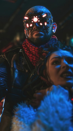 Royce from Cyberpunk 2077 holding a woman