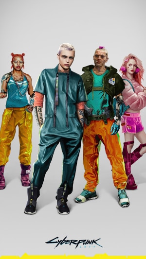 Cyberpunk 2077 characters in colorful outfits
