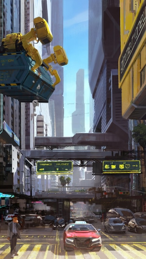 Cyberpunk 2077 city street with futuristic vehicles