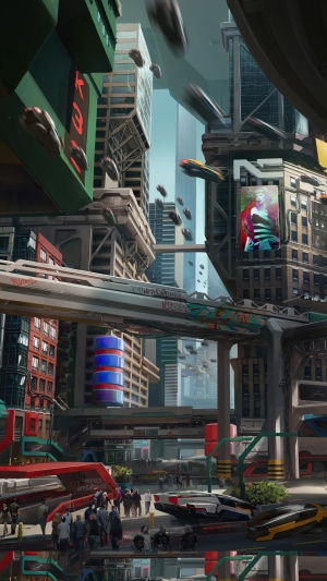 Cyberpunk 2077 city with flying vehicles