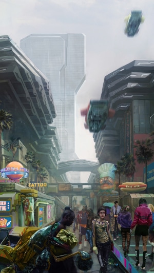 Cyberpunk 2077 city street with flying vehicles