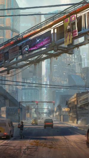 Cyberpunk 2077 City Street with Elevated Train