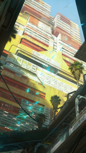 Cyberpunk 2077 city buildings with palm trees