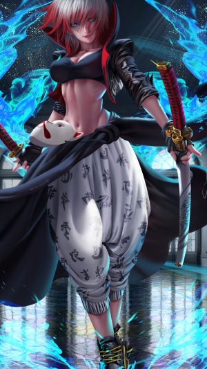 Anime girl warrior with katanas and mask