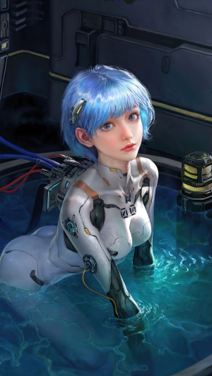 Rei Ayanami from Evangelion in a futuristic pod