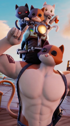 Meowscles and friends from Fortnite on a motorcycle