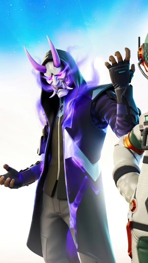 Fortnite character with Oni mask and purple smoke