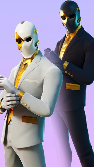 Two Fortnite characters in suits with gold accents