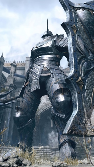 Knight in armor with large shield from Demon's Souls