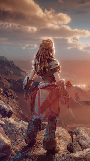 Aloy from Horizon Forbidden West on a mountain