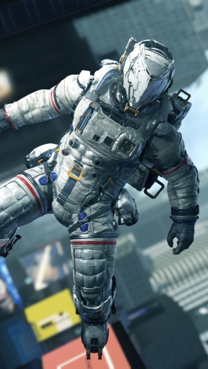 Astronaut in a futuristic suit in a city