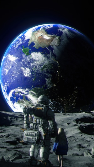 Pragmata: Astronaut and girl on the Moon with Earth in background