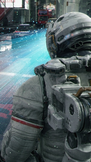 Astronaut in a futuristic city