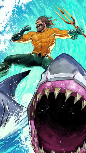 Aquaman from Fortnite riding a shark