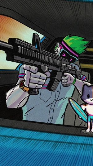 Character from Fortnite holding a rifle in a car
