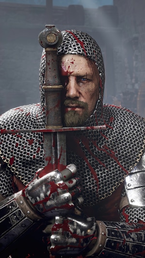 Knight covered in blood holding a sword in Chivalry 2