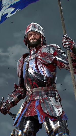 Knight from Chivalry 2 holding a banner and sword