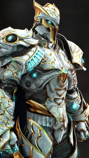 Knight in ornate white and gold armor from Godfall