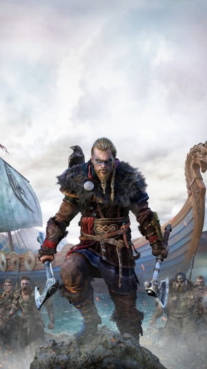 Eivor from Assassin's Creed Valhalla with axes and longship