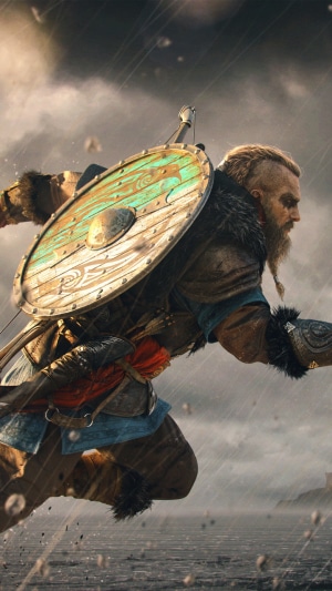 Eivor from Assassins Creed Valhalla running with shield