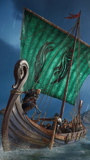 Eivor on a Viking longship in Assassin's Creed Valhalla