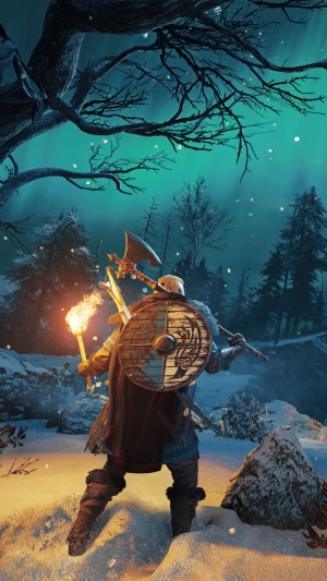 Eivor from Assassin's Creed Valhalla in a snowy forest